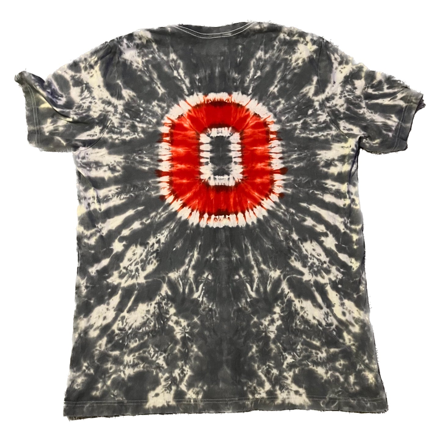 Ohio State inspired scarlet and gray tie-dye t-shirt back view, unique handmade shirt by The Tie Dye Bros for every fan.