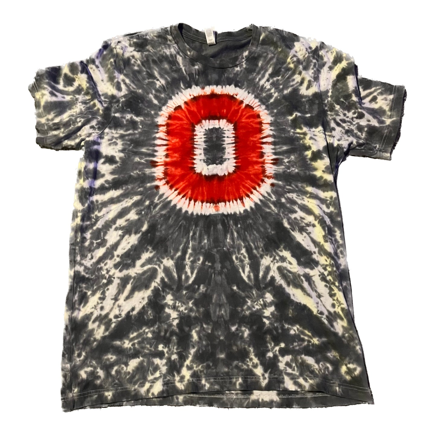 Ohio State inspired scarlet and gray tie-dye t-shirt front view. Perfect for gameday. Handmade by The Tie Dye Bros.