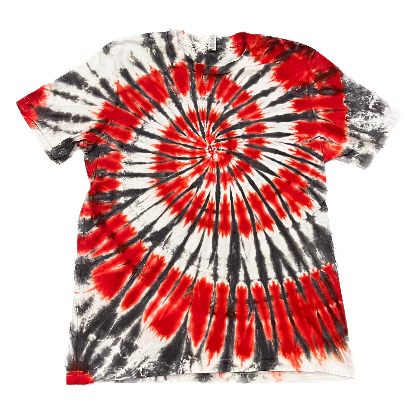 Scarlet & Gray Starburst Spiral tie-dye t-shirt with blended scarlet and gray spiral pattern, unique handmade sports tie-dye.