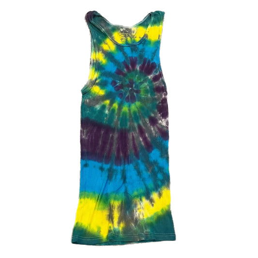 Purple, Yellow, Green, Blue & Gray Starburst Spiral Tie Dye Tank Top - ADULT MEDIUM