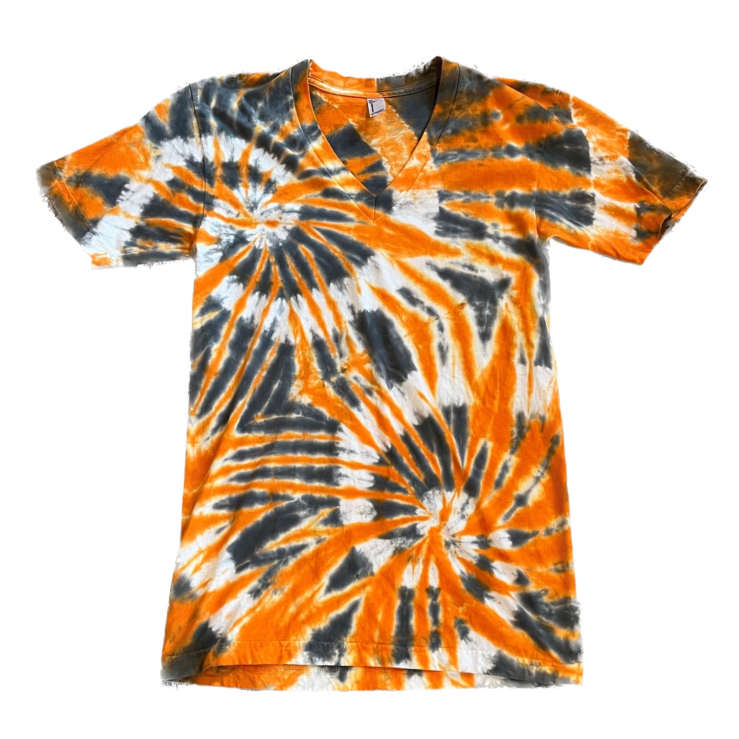 Orange & Gray Starburst Double Spiral V-Neck Tie Dye T-shirt - ADULT SMALL