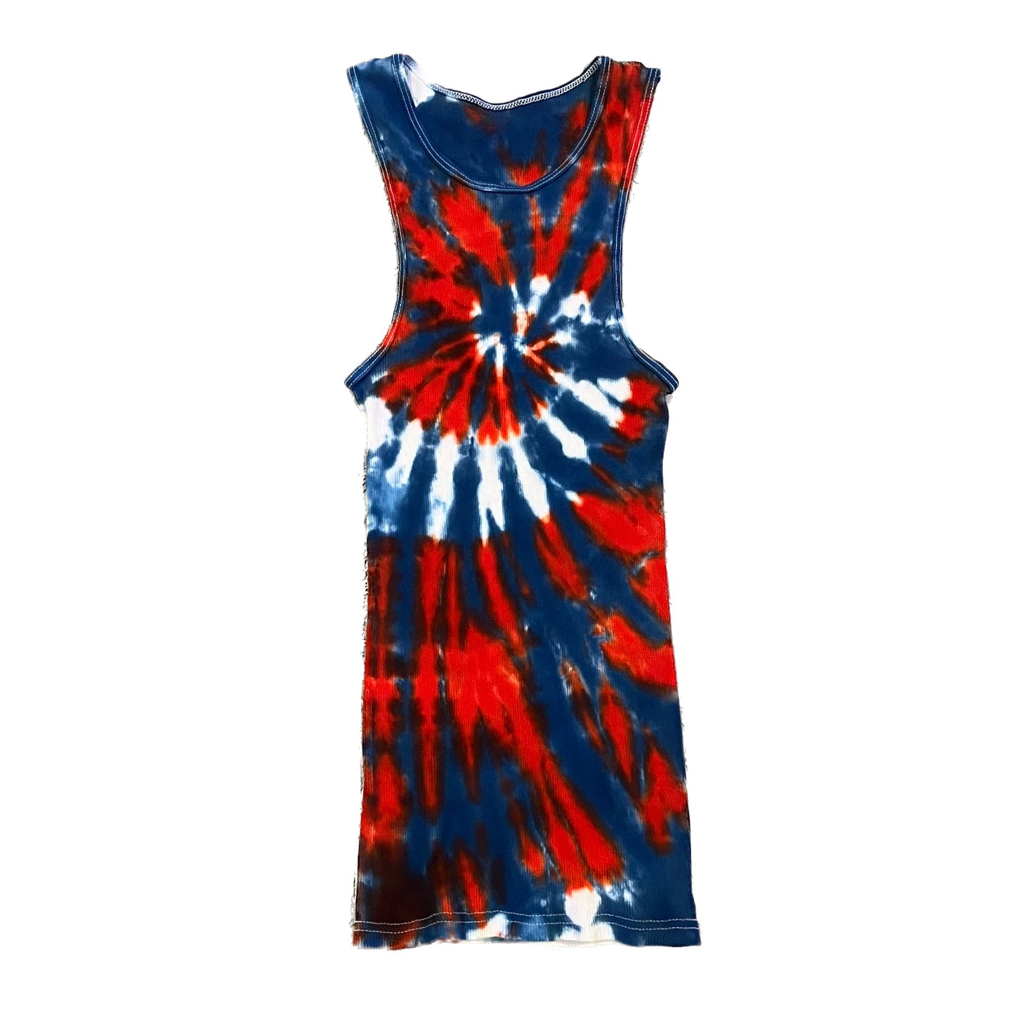 Red & White Cyclone with Blue Starburst Spiral Tie Dye Tank Top - ADULT SMALL - MEDIUM