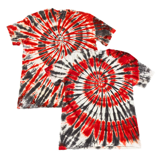 Scarlet & Gray Starburst Spirals — unique variations with blended scarlet and gray tones, a one-of-a-kind handmade tie-dye for fans on gameday.